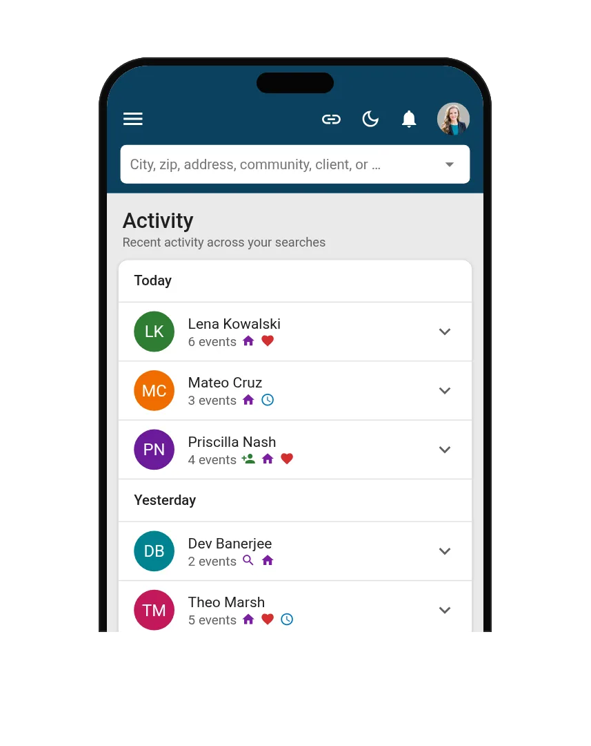 Phone showing the agent’s Activity tab: today’s views, favorites and new leads by client