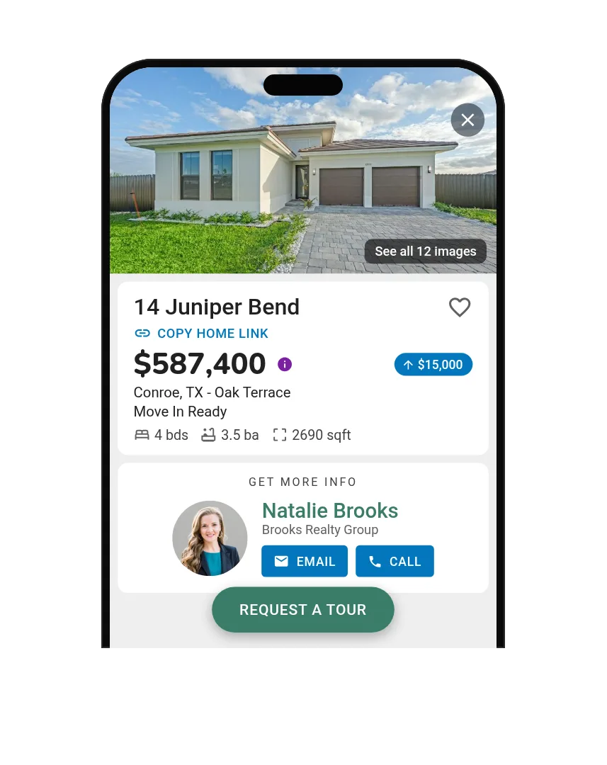 Phone showing a shared home’s details with the agent’s photo and Email and Call buttons