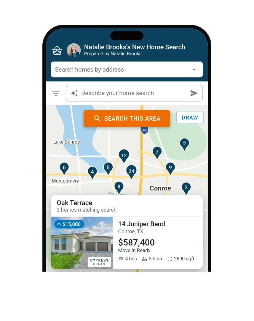 New Home Buddy app: an agent’s Personal Link, a map of new construction homes branded to her