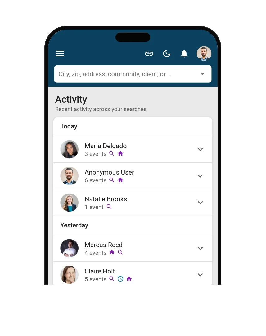 New Home Buddy Builder Portal: a builder rep’s Activity tab listing the agents who opened their links