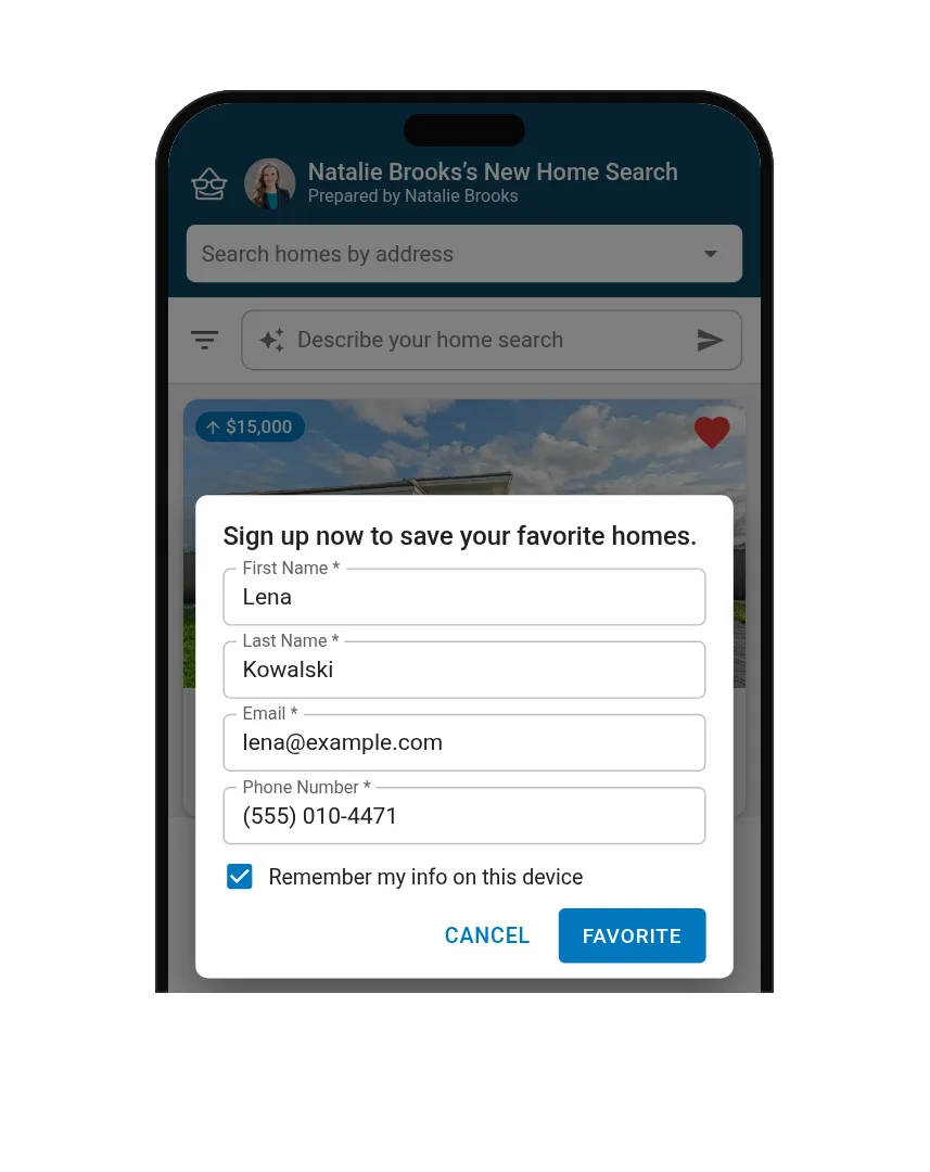 Phone showing the sign-up prompt a buyer gets after favoriting a home on a shared link